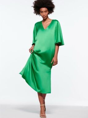 Zara Green Satin V‑Neck Tunic Maxi Dress
